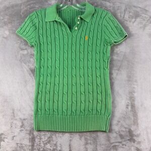 Polo Ralph Lauren Womens Cable Knit Polo Sweater Green Short Sleeve Orange Pony